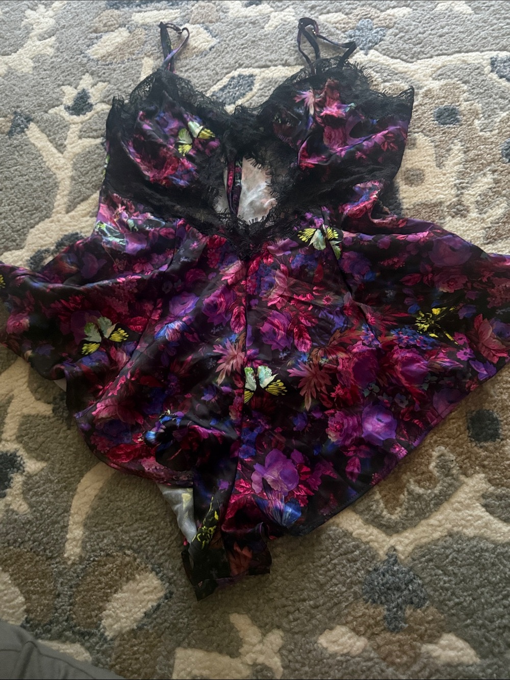 Victoria's Secret Black Floral butterfly Satin Lace Trim camo romper bodysuit S
